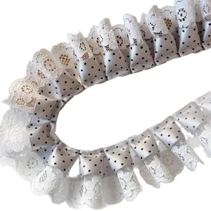 White lace trim with silver polka dot ribbon double-layered pleated DIY material