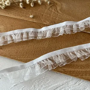 White elastic ruffle lace trim with layered pleats for DIY sewing and bridal clothing
