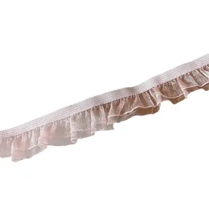 Pink ruffled elastic lace trim ribbon with mesh pleated texture for DIY garment sewing