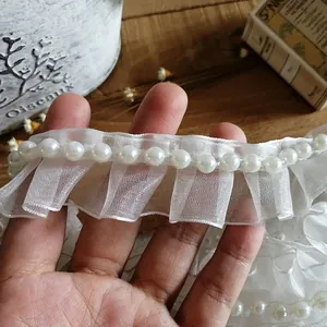 White organza pleated lace trim with faux pearl beads for garment and DIY crafts
