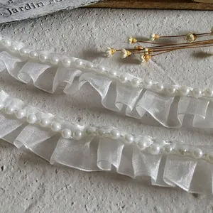 White organza ruffled lace trim with pearls for Lolita dress necklines and DIY sewing