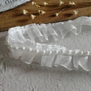 White organza ruffled lace trim with white beads for Lolita dress necklines and cuffs