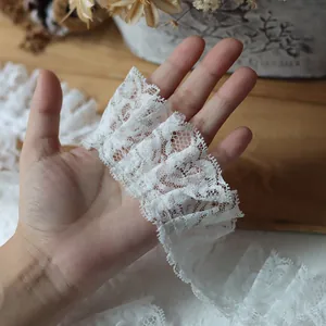 White Pleated Lace Trim Polyester Blend Floral Hollow Out Ribbon For DIY Handcraft Clothing Accessories Home Decor Elegant Style