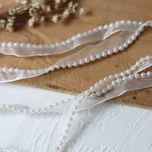 Elegant white chiffon ribbon with pearl beads trim for garment and wedding decoration
