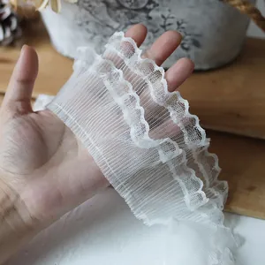 French Style Layered White Pleated Lace Trim Ribbon For DIY Sewing Clothing Collar Cuff Decoration Polyester Fabric