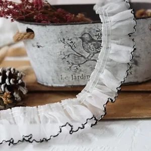 4cm white pleated lace trim with black stitched edges for DIY crafts and sewing