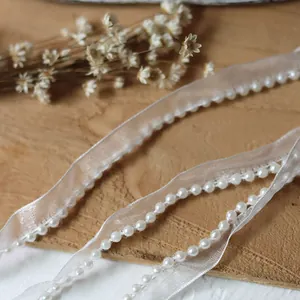 Champagne organza ribbon with white pearls for DIY sewing and wedding dress decoration