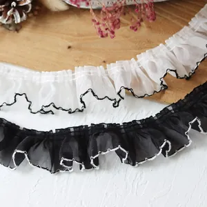 4cm vintage pleated chiffon lace trim with black and white contrast edges for DIY sewing