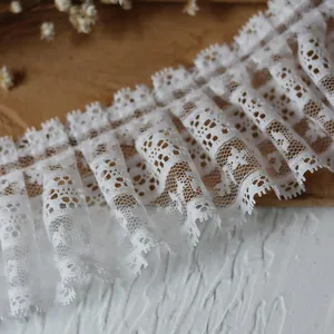 Premium white pleated lace trim with floral embroidery for sewing and DIY crafts