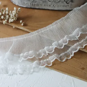 White double-layered pleated lace trim for DIY collars and sleeves in French style