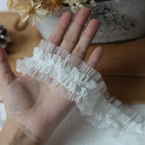 White Double Layer Mesh Lace Trim Pleated Ruffle Flower Embroidery Lolita Sewing Ribbon For Dress Wedding DIY Craft Clothing Accessories
