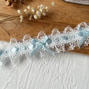 Liga de encaje blanco estilo Lolita con lazos azul claro para accesorios de boda DIY
