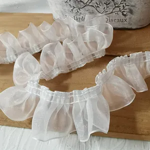 4cm white pleated organza lace trim with vintage wave ruffles for dress sleeves and cuffs