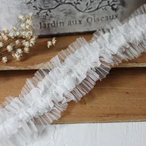 White layered pleated mesh lace trim with stereoscopic floral ruffles for Lolita DIY decor