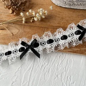 Encaje blanco Lolita con cinta negra y lazos para accesorios de costura artesanal