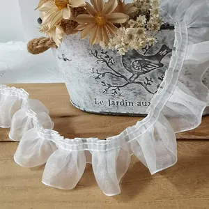 4cm wide white pleated organza lace trim with wavy edges for garment diy crafts