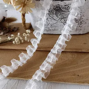 White multi-layer pleated lace trim ribbon with sheer mesh for DIY crafts and garments