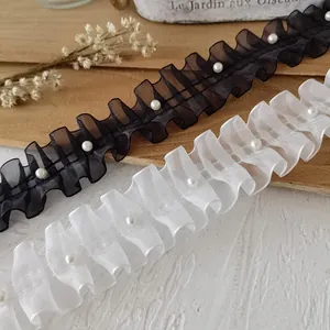 Organza ruffle lace ribbon with pearl accents for garment DIY and bouquet decoration