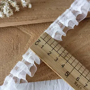 White double-layer pleated lace trim with wavy edges for DIY clothing and crafts, 2.5cm wide
