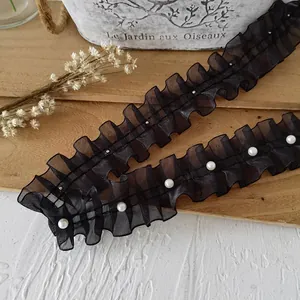 Black pleated organza lace ribbon with white pearls for garment DIY crafts and decoration