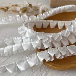 Elegant white pleated satin ribbon lace trim for DIY sewing and handmade garment crafts