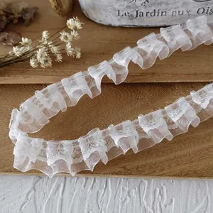 White double-layer pleated lace ribbon with organza for DIY crafts and clothing decor