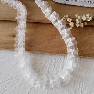White double-layered lace trim with pleated organza for DIY sewing and doll clothing