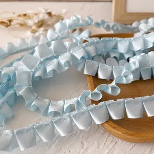 Light blue pleated satin ruffle ribbon for sewing, DIY crafts, and clothing decoration