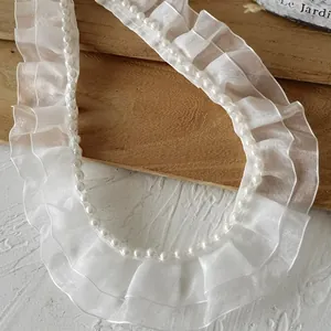 Elegante Weiße Doppellagige Plissee Organza Spitzenborte Mit Künstlichen Künstliche Perlen Für Hochzeitskleid DIY Nähzubehör