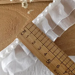 Doppellagige plissierte Chiffon-Spitzenborte mit Perlen für Bekleidungszubehör