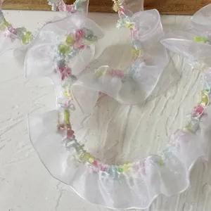 Elastic White Mesh Lace Trim With Colorful Dots Ruffled Organza Ribbon For DIY Crafts Apparel Wedding Decoration Accessories