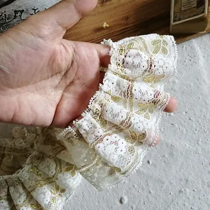 White pleated lace trim with gold leaf pattern for lolita dress hemlines and crafts
