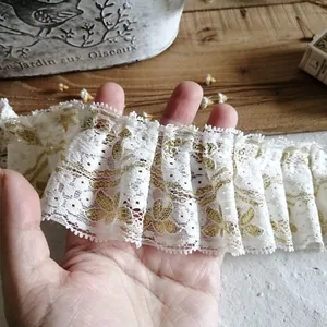 White pleated lace trim with gold floral embroidery for Lolita princess dresses