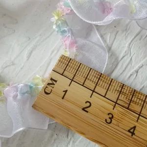2cm wide white elastic lace trim with colorful macaron pompoms for garment sewing