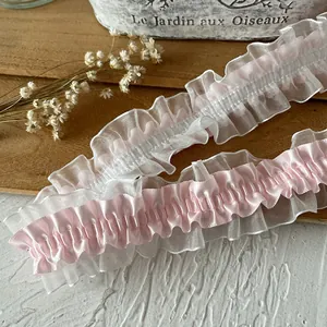 Pizzo elastico rosa a doppio strato con raso arricciato per decorazioni e cucito DIY