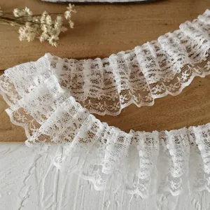 Ruban de dentelle blanche à double couche plissée avec broderie florale pour couture DIY