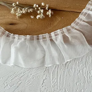 6cm white pleated organza lace trim with ruffled edges for DIY garment sewing and crafts
