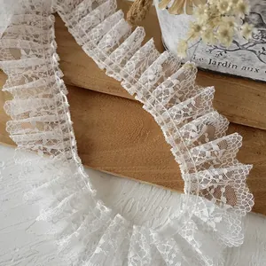White Pleated Lace Trim Floral Ruffle Ribbon Polyester Fabric For DIY Sewing Garment Accessories Home Decor Wedding Decoration