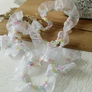 2cm white organza elastic lace trim with colorful thread accents for DIY sewing