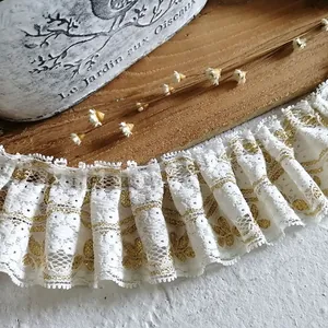 Elegant white pleated lace trim with gold floral embroidery for Lolita dress making