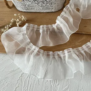 6cm white organza pleated lace trim with ruffled edge for DIY apparel and home decor
