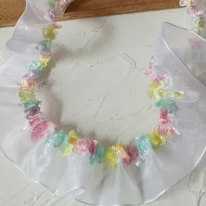 2cm white ruffled tulle lace with colorful pom-pom fringe for DIY sewing clothing