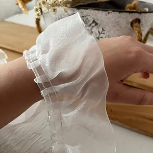 6cm white ruffled organza lace trim with pleated edges for DIY clothing decorations