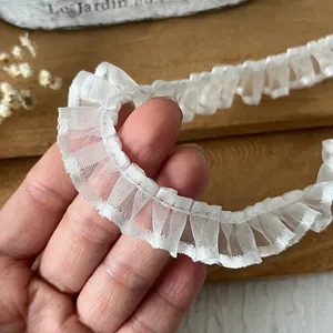 White pleated organza lace trim for DIY sewing and clothing decoration with ruffled edge