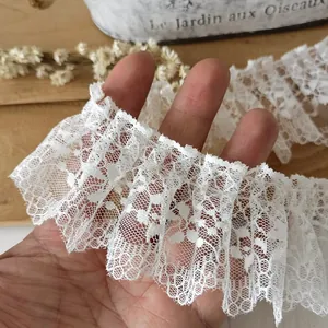 White pleated lace trim with floral embroidery for doll clothing and DIY sewing accessories