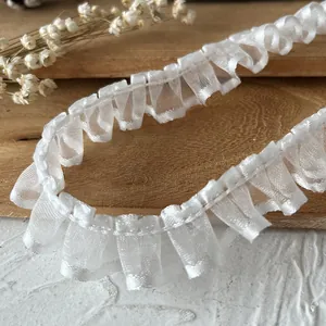 White ruffled organza lace ribbon with satin edge for DIY sewing and home decor trim