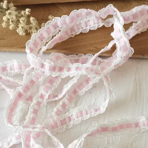 5m Pink checkered ribbon with white lace edges for DIY clothing and crafts decoration