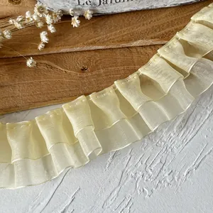 4cm cream double-layered pleated organza lace trim for DIY clothing and sewing crafts