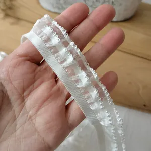Dubbellaagse witte elastische kantafwerking met geplooide mesh voor DIY kledingstukken