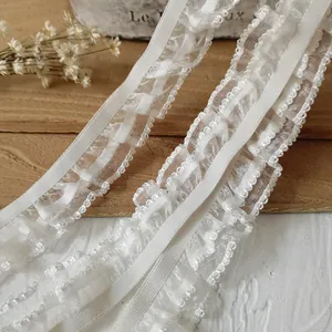 Wit Dubbellaags Elastisch Kantrand Ruffle Geplooid Lint Voor DIY Naaien Poppenkleid Home Decor Accessoires